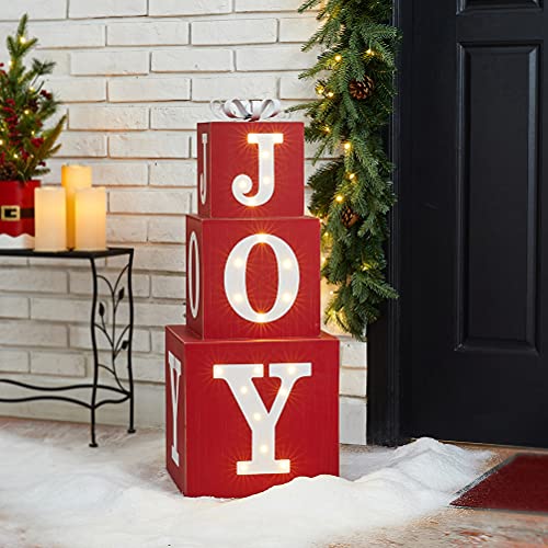 Red Lighted Wooden Joy Porch Sign with 3 Nesting Decorative Boxes for Christmas Home Decor