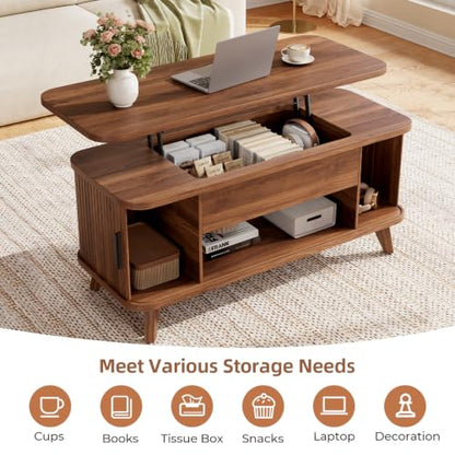 Mid Century Modern Lift Top Coffee Table Brown - Wooden Fluted Storage