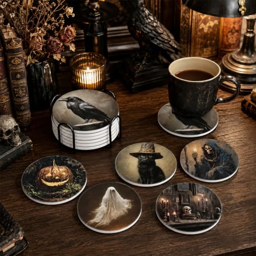 Halloween Ceramic Coasters Set with Stand - Gothic Dark Style, 6 Pieces