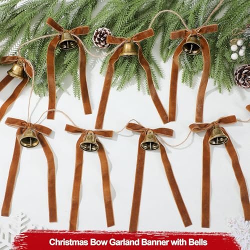Khaki Christmas Jingle Bell Garland with Bows - Rustic Holiday Decor