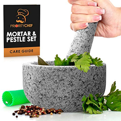 Heavy Duty Small Mortar and Pestle Set, Hand Carved from Natural Granite, Make Fresh Guacamole, Salsa, Pesto, Stone Grinder Bowl, Herb Crusher, Spice Grinder, 5.5" wide, 1.5 Cup, Grey