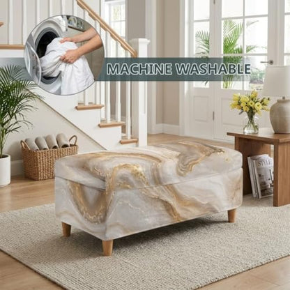 Large Brown Marble Print Flip-Top Storage Ottoman Cover - Elastic Fit