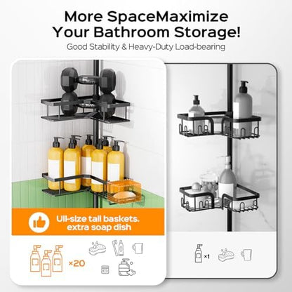 HAMITOR Shower Caddy - 4-Tier Rustproof Bathroom Organizer with Soap Holder & Hooks | Adjustable No-Drill Design - 47-123 Inch Black