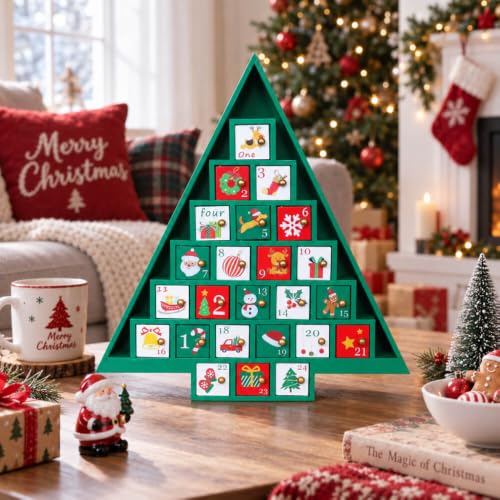 Wooden Christmas Advent Calendar with 24 Drawers - Holiday Countdown Decor
