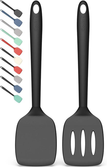 Coukre Silicone Spatula Set - High Heat Resistant, BPA Free | Solid & Slotted Turner, 2 Pack in Pure Black