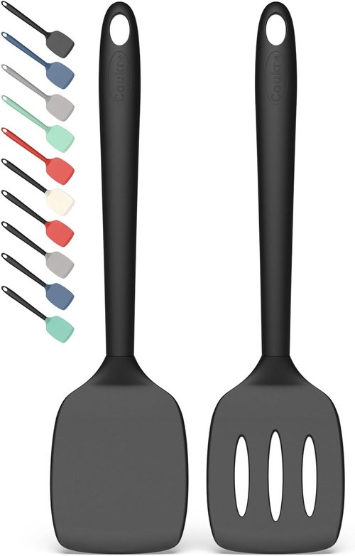 Coukre Silicone Spatula Set - High Heat Resistant, BPA Free | Solid & Slotted Turner, 2 Pack in Pure Black