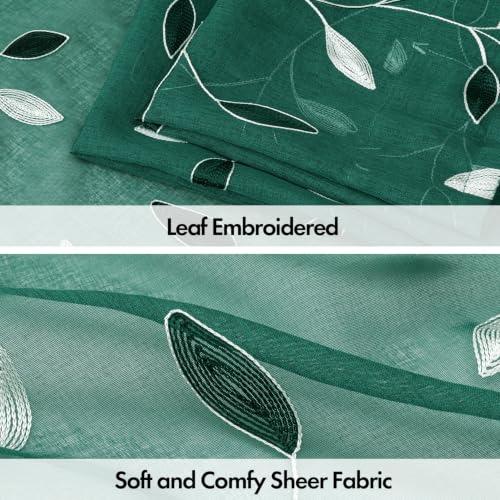 MIULEE Christmas Hunter Green Sheer Curtains Leaf Patterned 52"W x 96"L, Pack of 2