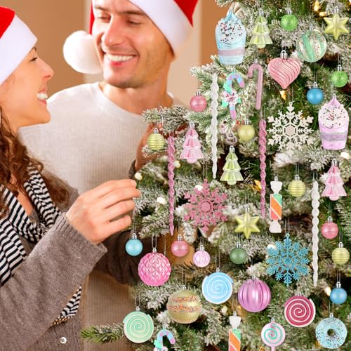 Pastel Christmas Tree Ornaments Set with Candyland Decorations - 82 Pieces