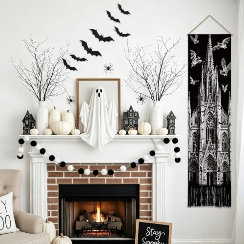Halloween Bat Castle Gothic Cathedral Wall Tapestry Set - Black & White Decor