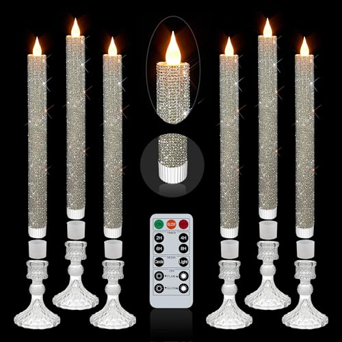 LED Flameless Taper Candles with Illuminated Crystal Silver Holder - 6 Pack