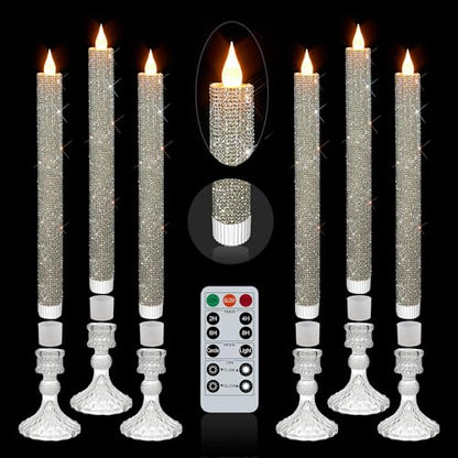 LED Flameless Taper Candles with Illuminated Crystal Silver Holder - 6 Pack