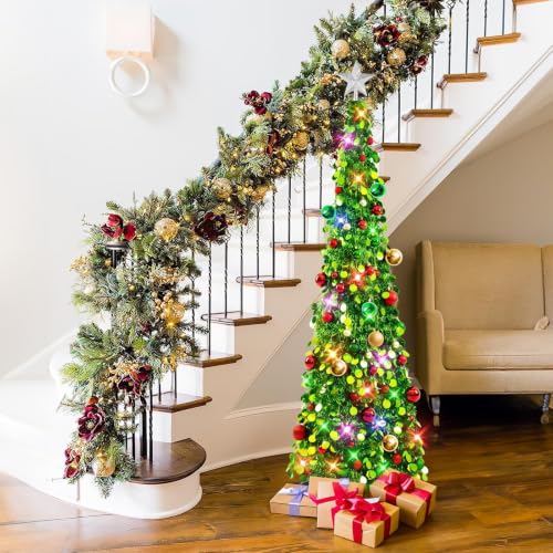 Collapsible 5Ft Green Tinsel Christmas Tree with Lights & 30 Ornaments - Holiday Decor