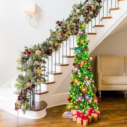 Collapsible 5Ft Green Tinsel Christmas Tree with Lights & 30 Ornaments - Holiday Decor