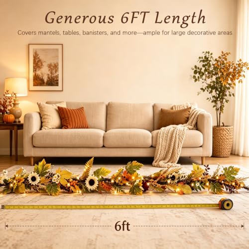 6FT Fall Garland with Lights Sunflower Pumpkin Berry Pinecone Decor for Autumn