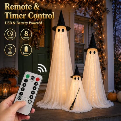 Halloween Outdoor Lighted Ghost Family 3 Pack with Timer & Remote - L+M+S