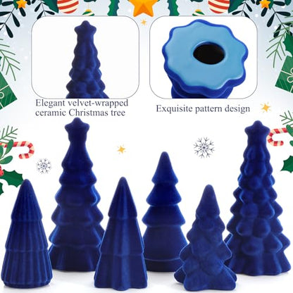 Bucherry Blue Christmas Ceramic Velvet Tree Set - 6 Pcs, 3 Sizes, Holiday Table Decor
