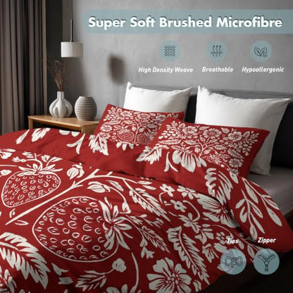 Scandinavian Folk Art Duvet Cover Queen Size 3 Piece Set - Red & White