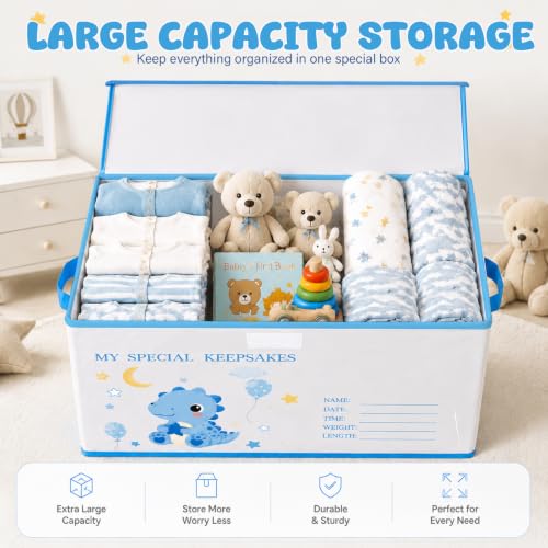 Baby Memory Keepsake Box 16x12x12 Inch Elephant Dinosaur Pattern - Blue