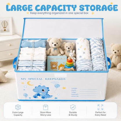 Baby Memory Keepsake Box 16x12x12 Inch Elephant Dinosaur Pattern - Blue