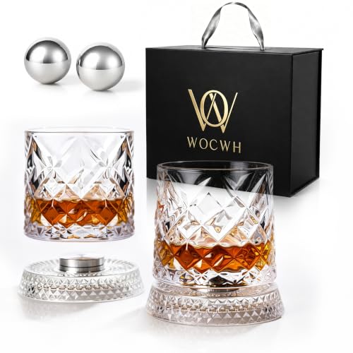 WOCWH Style-A Spinning Whiskey Glass Set of 2 - 10 Oz Crystal Tumblers with Rotating Bases for Bourbon Scotch Rum Cocktails, Unique Christmas Gift