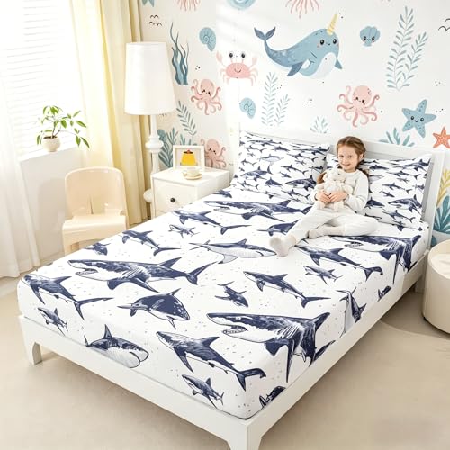 Shark Fitted Sheet Queen Deep Pocket Ocean Life Bedding Set Pattern 105