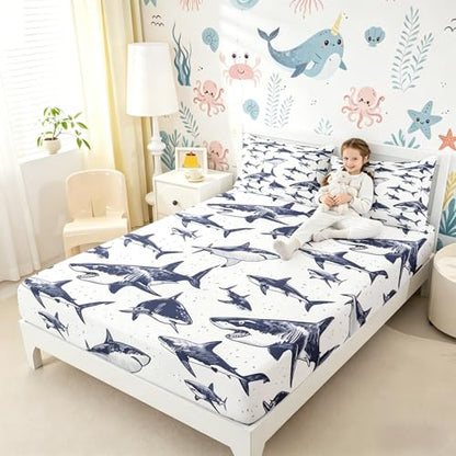 Shark Fitted Sheet Queen Deep Pocket Ocean Life Bedding Set Pattern 105
