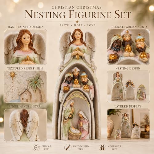 Religious Nativity Scene Statue with Angel, Wise Men & Holy Family