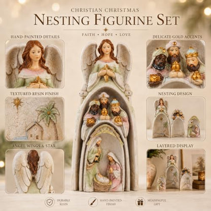 Religious Nativity Scene Statue with Angel, Wise Men & Holy Family
