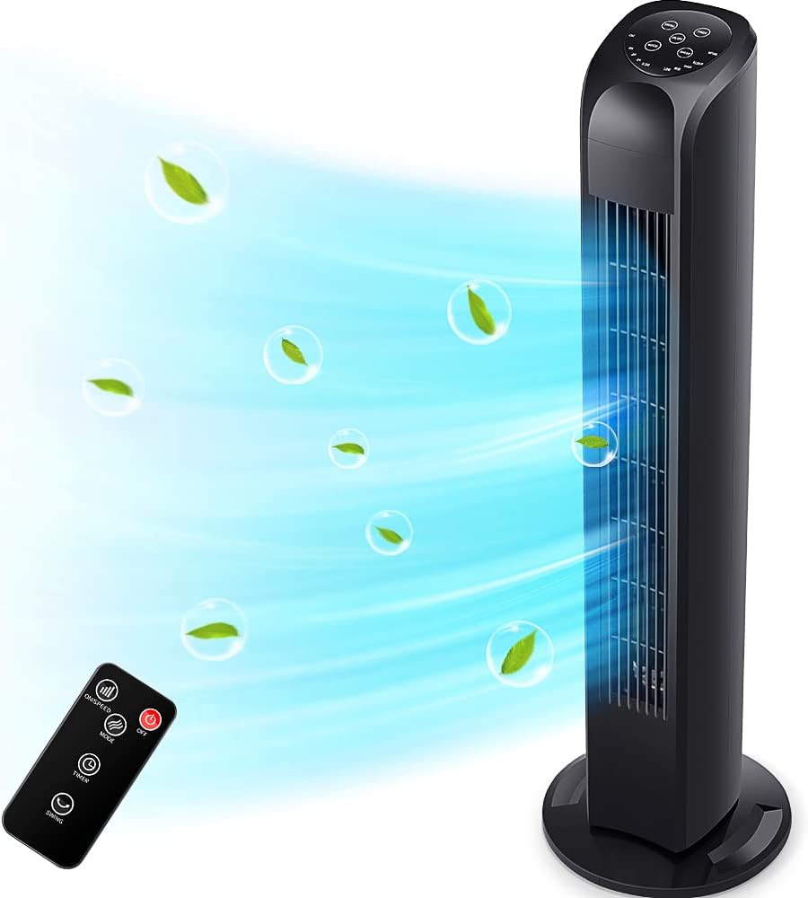 Uthfy Oscillating Tower Fan - Quiet Bladeless Design with Remote Control | 30-Inch Black Floor Fan for Home & Office
