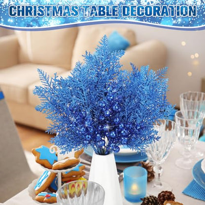 Dark Blue Glitter Berries & Pine Needles Christmas Stems, 80 Pcs