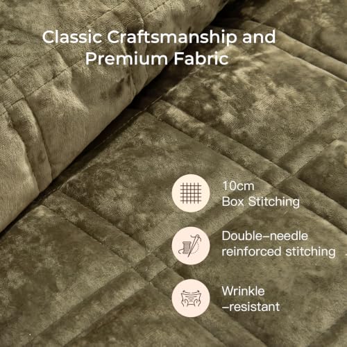 Oversized Super King Velvet Quilt Set 128x120 Inches - Olive Green - Luxury Bedding