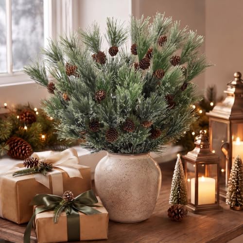 Artificial Pine Branches with Cones - Smokey Gray Green Christmas Picks - 9 Pack