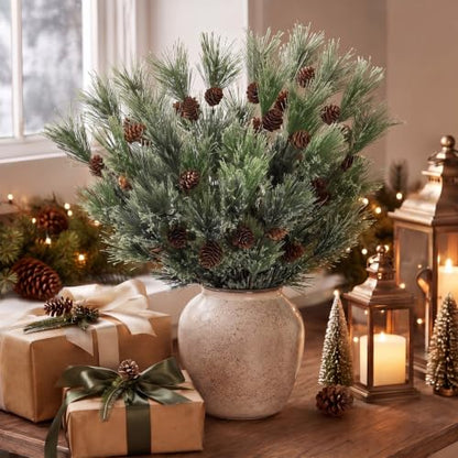 Artificial Pine Branches with Cones - Smokey Gray Green Christmas Picks - 9 Pack