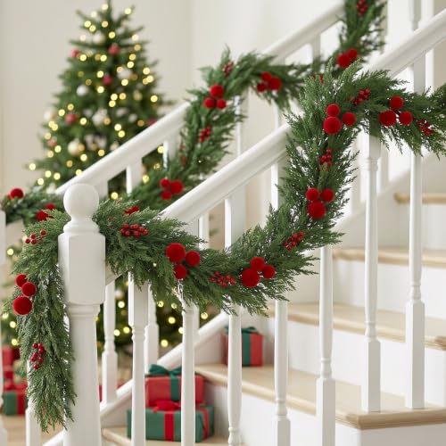 6FT 2PCS Christmas Garland Set - Real Touch Flocked Pine & Berries for Indoor Holiday Decor