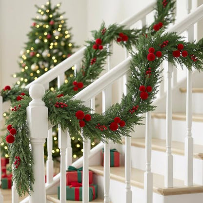 6FT 2PCS Christmas Garland Set - Real Touch Flocked Pine & Berries for Indoor Holiday Decor