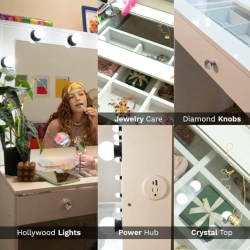Vanity Desk with Framed Bulb Mirror – 8-Drawer Integrated Makeup Station