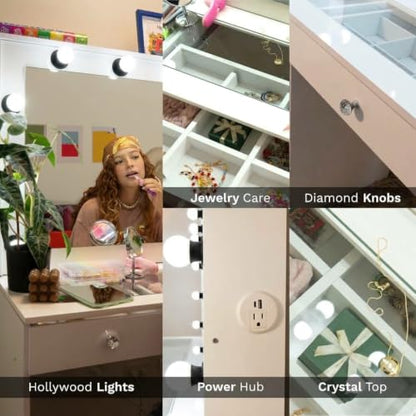 Vanity Desk with Framed Bulb Mirror – 8-Drawer Integrated Makeup Station