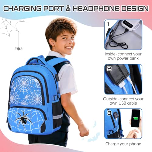 Blue 3-Piece Boys Backpack Set with Luminous Spider Design, Lunch Bag & Pencil Case
