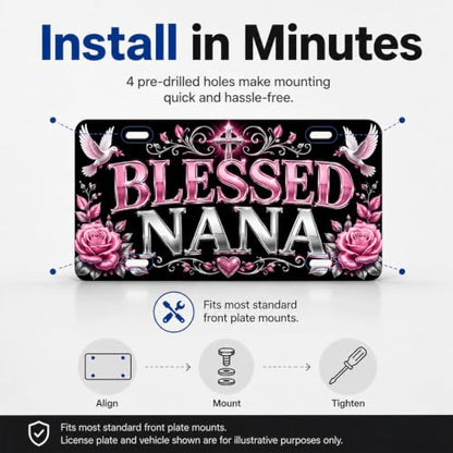 Blessed Nana Aluminum License Plate Pink Rose Cross Dove Decor - 6x12 Inches