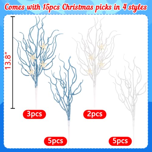 15PCS Coastal Christmas Glitter Picks Decorations - Blue & White Holiday Spray
