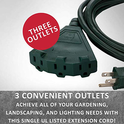 Green 25-Foot Heavy Duty Outdoor Indoor Extension Cord with 3 Prong Splitter
