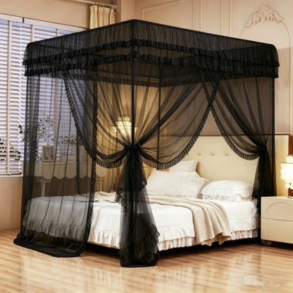 Black Queen Bed Canopy with Mosquito Netting - 4 Corners Post Drapes for Bedroom Decor