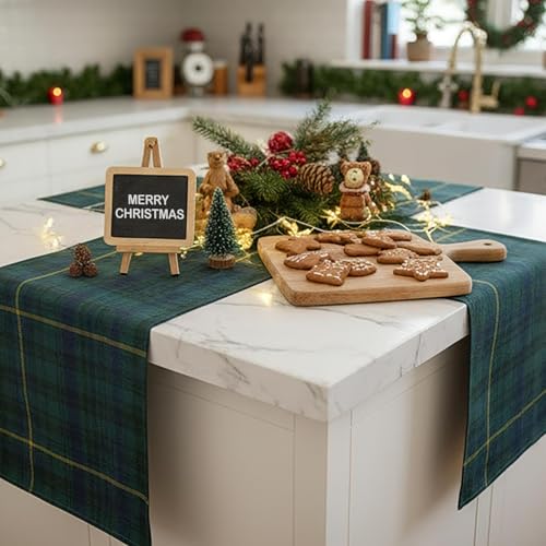 2 Pack Christmas Table Runner - Green and Blue Tartan Linen, 70.87 x 12.99 Inches