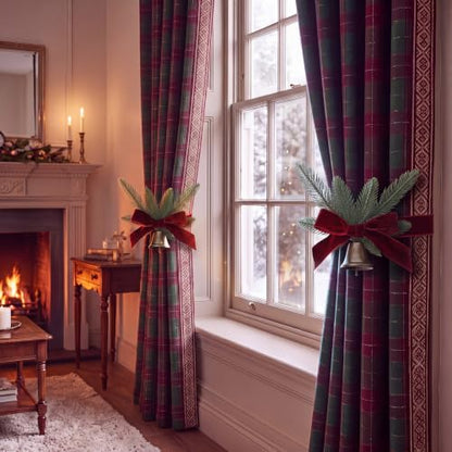 Christmas Velvet Curtain Tiebacks with Jingle Bell & Faux Pine - 2 Pack