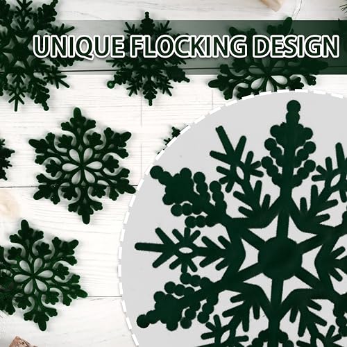36pcs Dark Green Flocked Christmas Snowflake Ornaments - Hanging Velvet Holiday Decor - Variation: Green