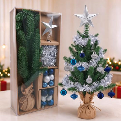 Blue Mini Christmas Tree Set - 2 Ft Tabletop Holiday Decor & Ornaments