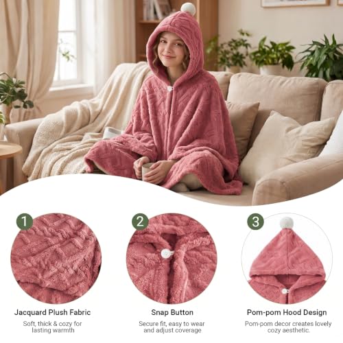 Watermelon Red Hooded Fleece Poncho Cape with Pom Pom for Women 55x39in - Divguf