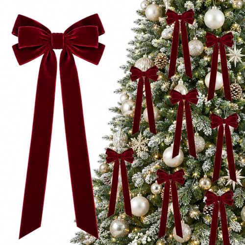 Burgundy Velvet Christmas Tree Bow Ornaments - Set of 15, 2.5cm Wide, Medium Variation