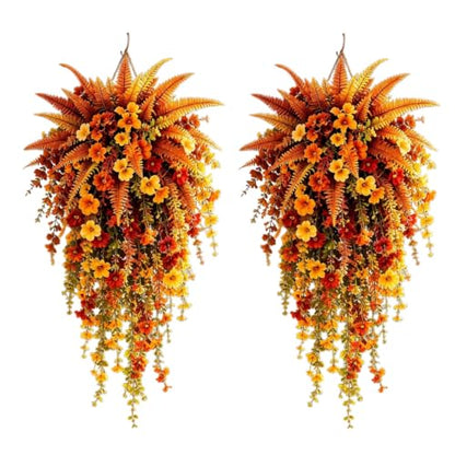 Artificial Fall Harvest Hanging Basket with Lifelike Flowers - Autumn Porch Decor - Variation 2