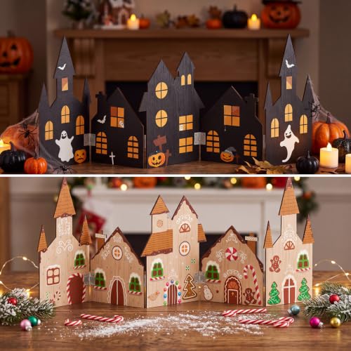 Large Reversible Halloween Christmas Village Table Decor - 28-inch Scene